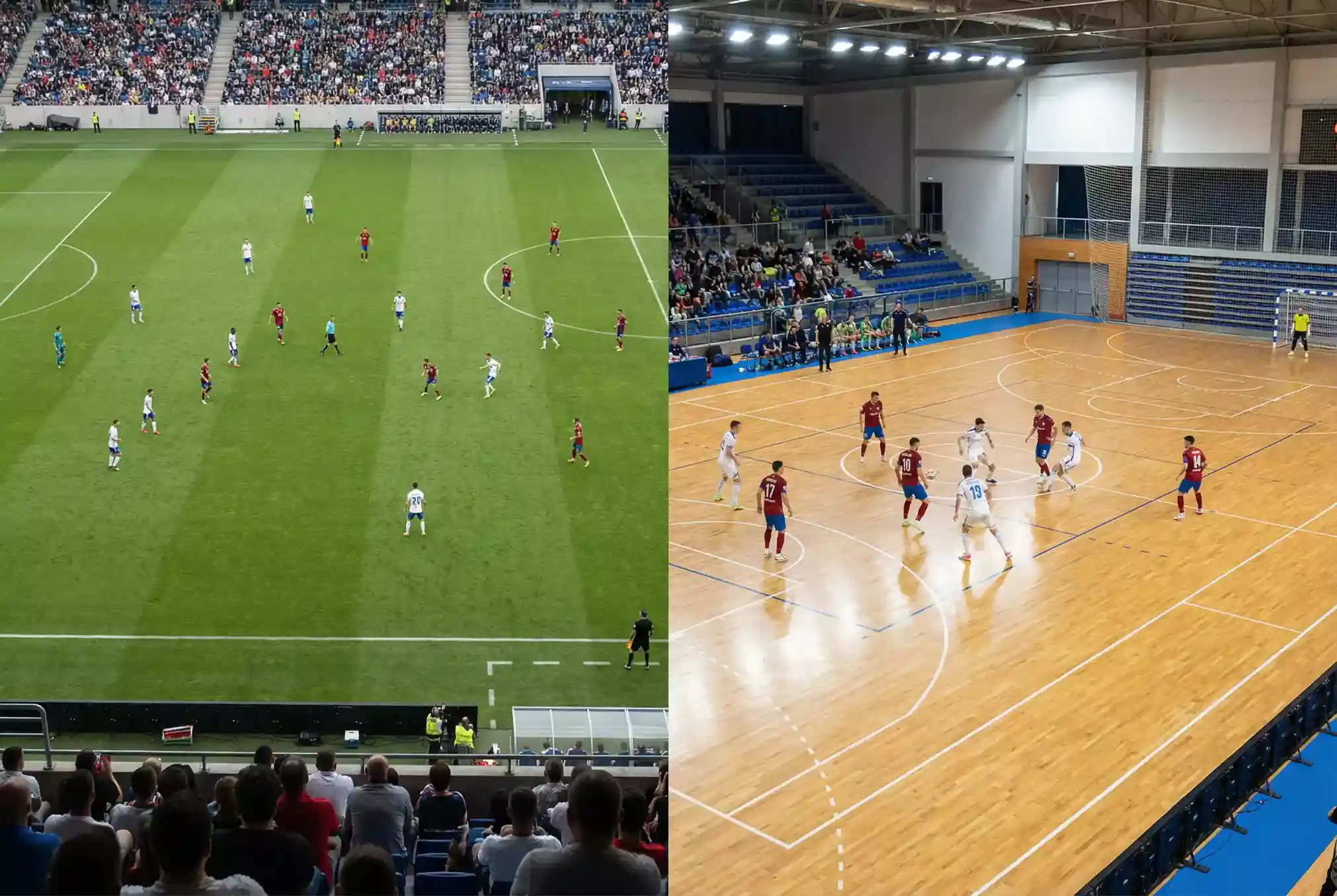 Diferencias entre apostar en fútbol sala y fútbol 11 - pista de futsal con jugadores en acción